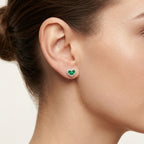 Emerald Heart Diamond Halo Stud Earrings worn by model - Vicenza Miami