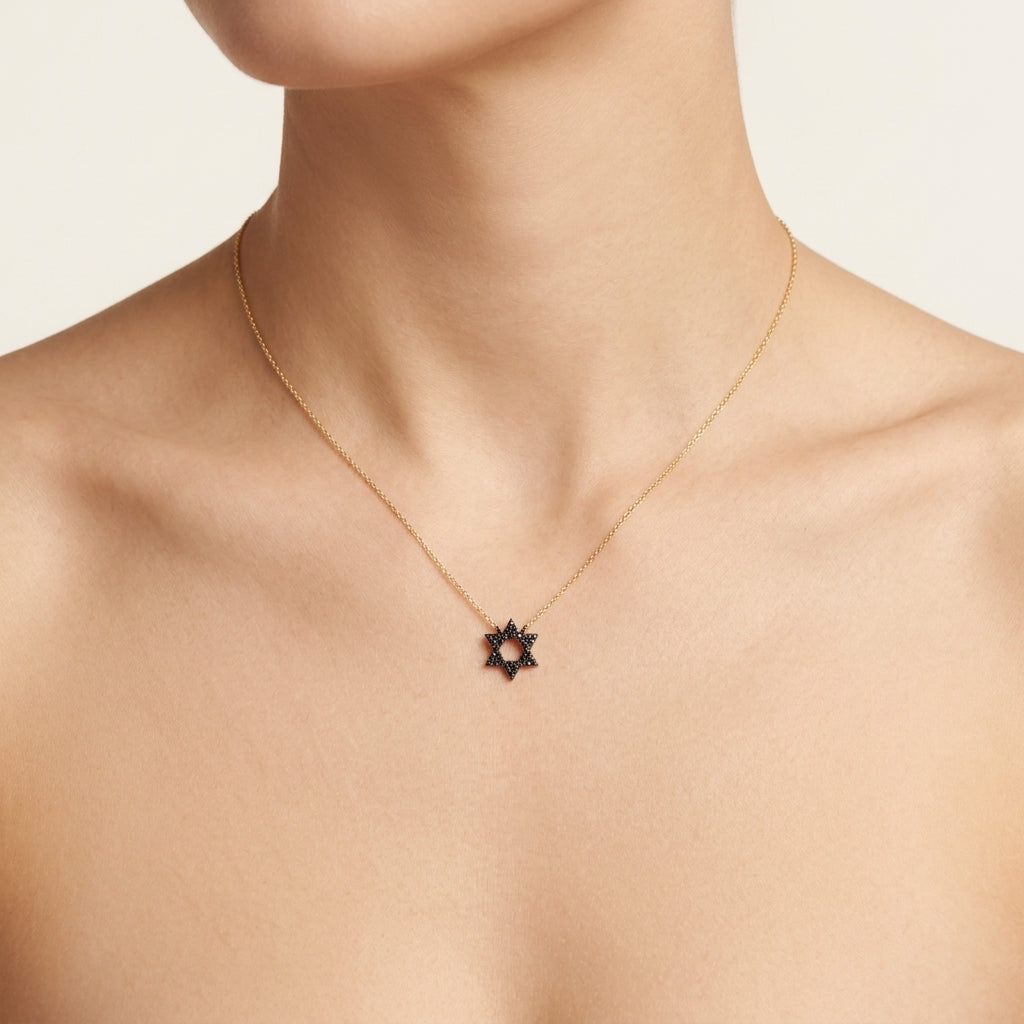 Star of David Black Diamond Pendant worn by model - Vicenza Miami