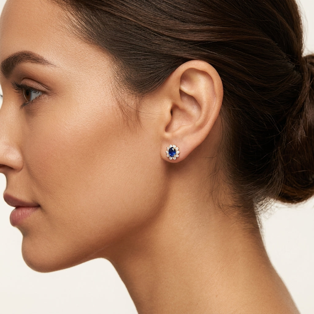 Timeless Blue Sapphire & Diamond Earring worn by model - Vicenza Miami