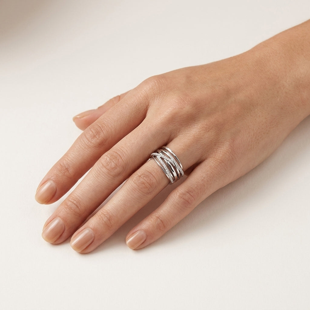 Classic Diamond Crossover Multi-Band Ring worn by model - Vicenza Miami