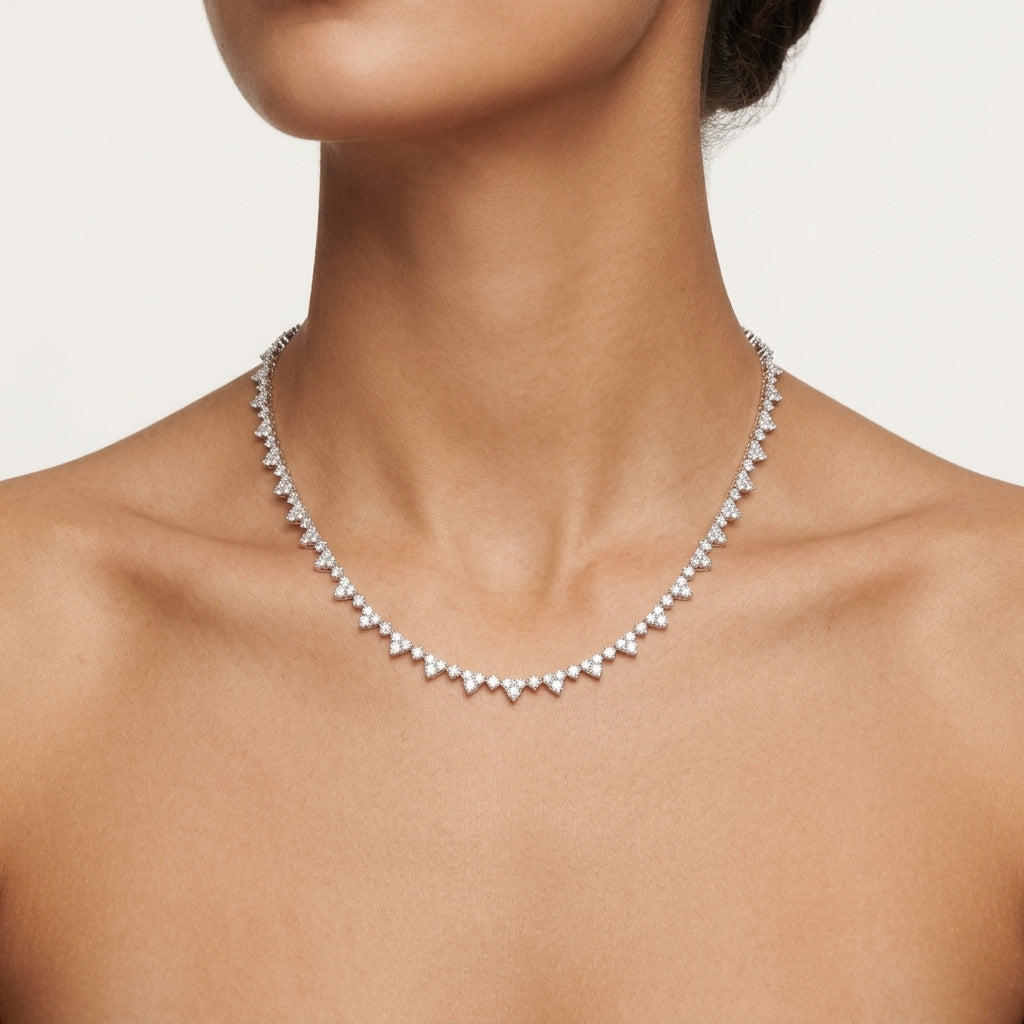 Triangle Tennis Necklace worn by model - Vicenza Miami