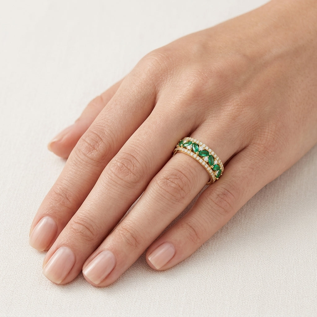 Ornate Diamond & Emerald Ring worn by model - Vicenza Miami