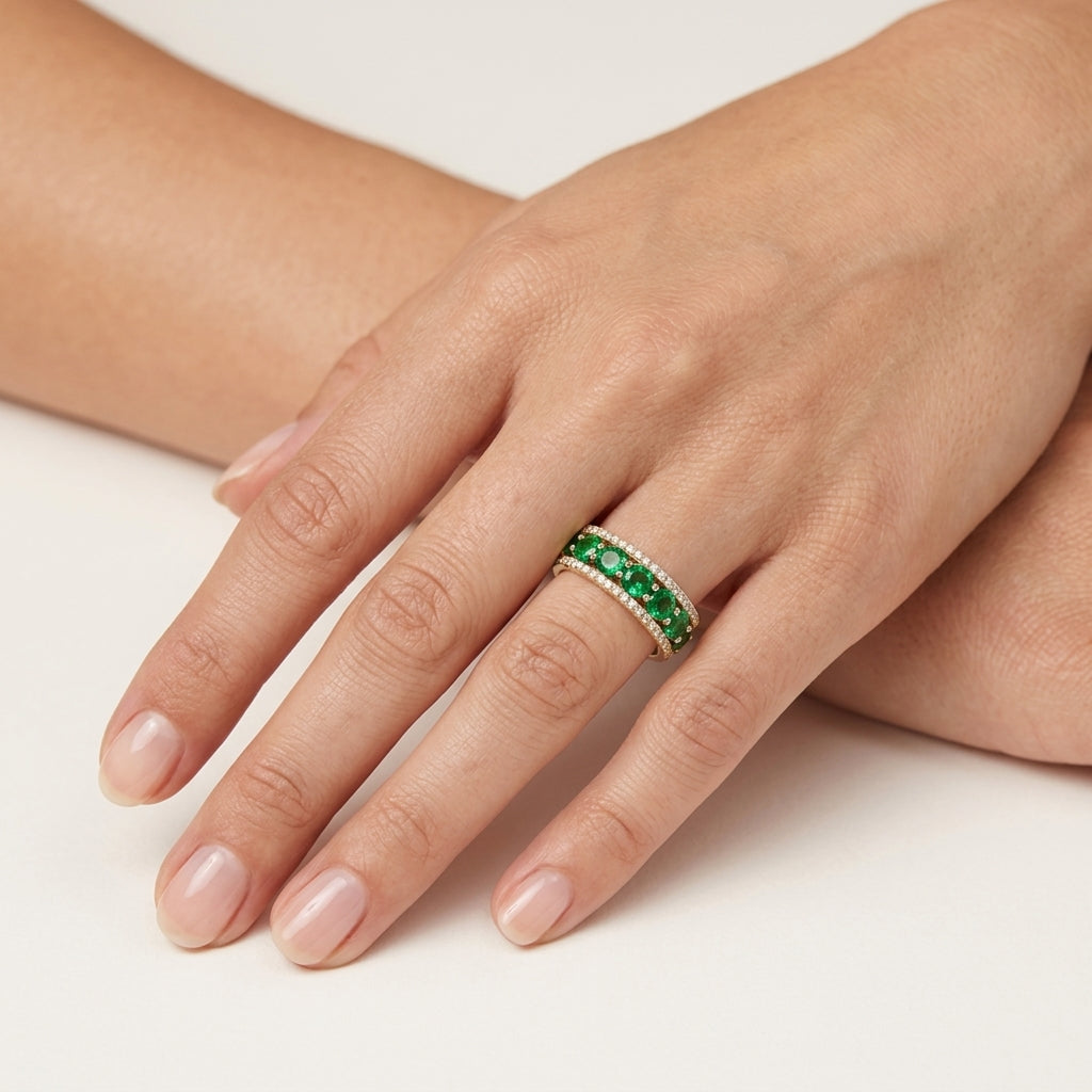 Iconic Diamond & Emerald Ring worn by model - Vicenza Miami