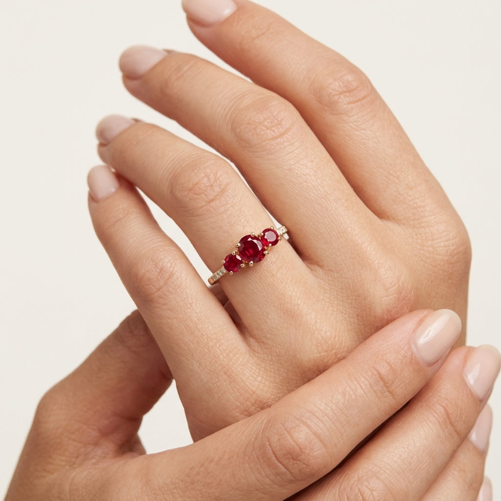 Timeless Diamond & Ruby Ring worn by model - Vicenza Miami