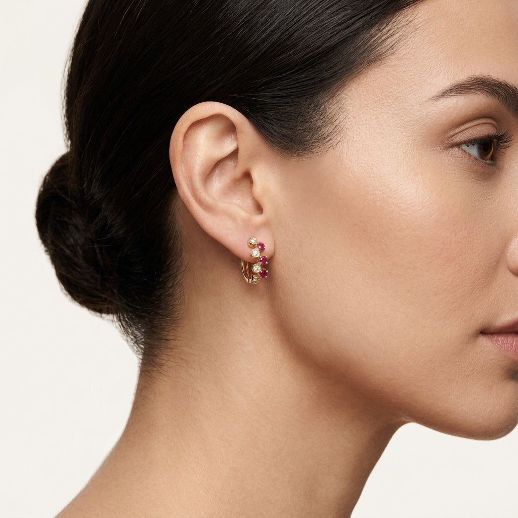 Ruby Diamond Alternating Huggie Hoop Earrings worn by model - Vicenza Miami