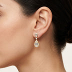 Baguette Diamond Pear Shaped Drop Earrings worn by model - Vicenza Miami
