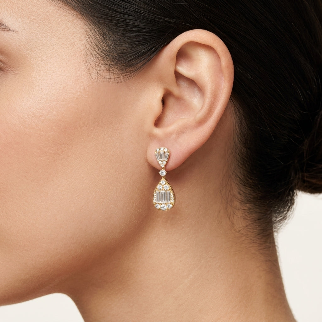 Baguette Diamond Pear Shaped Drop Earrings worn by model - Vicenza Miami