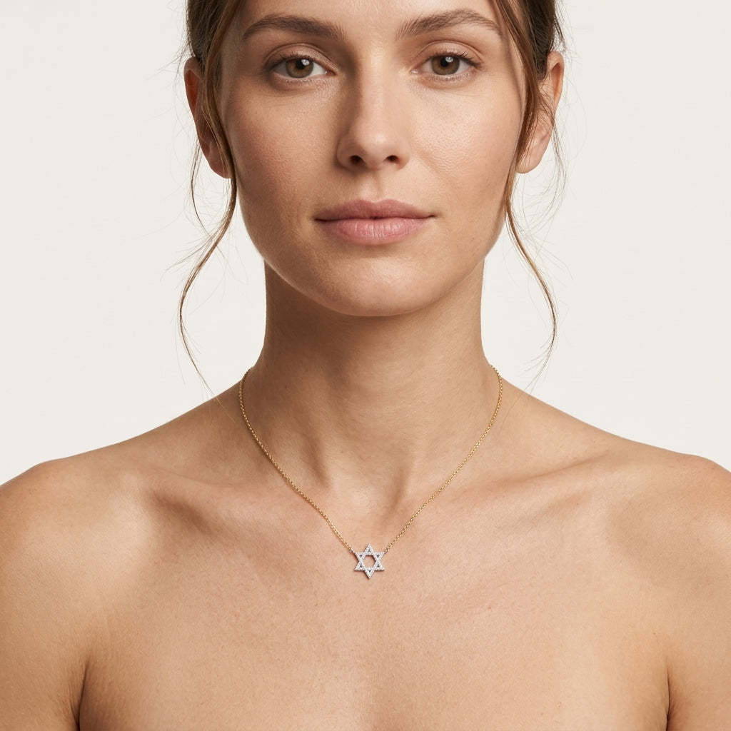 Delicate Star of David Pave Diamond Necklace worn by model - Vicenza Miami