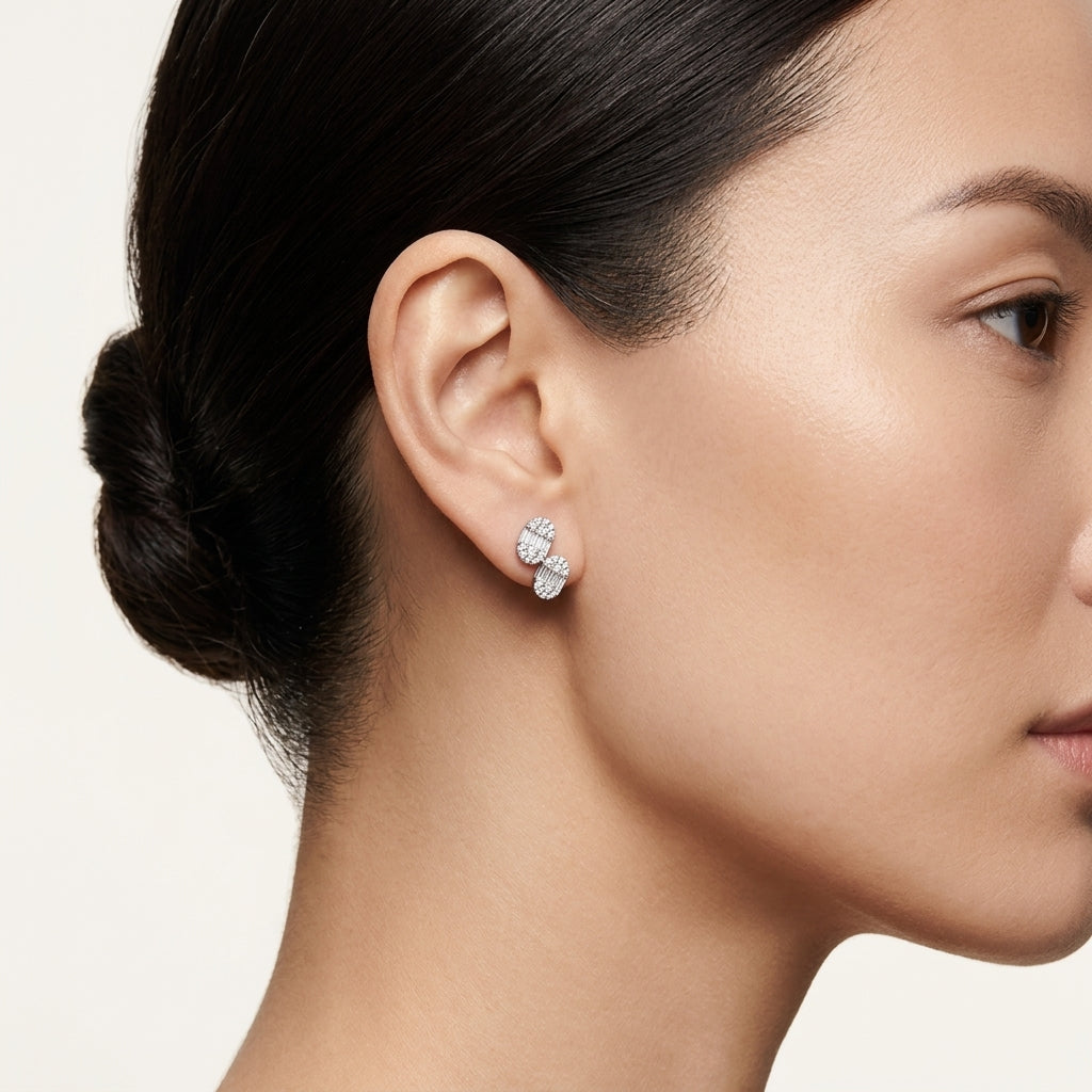Petite Diamond Flower Cluster Stud Earrings worn by model - Vicenza Miami