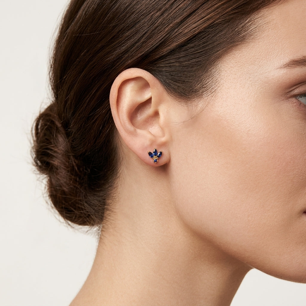 Peacock Blue Sapphire Earring worn by model - Vicenza Miami