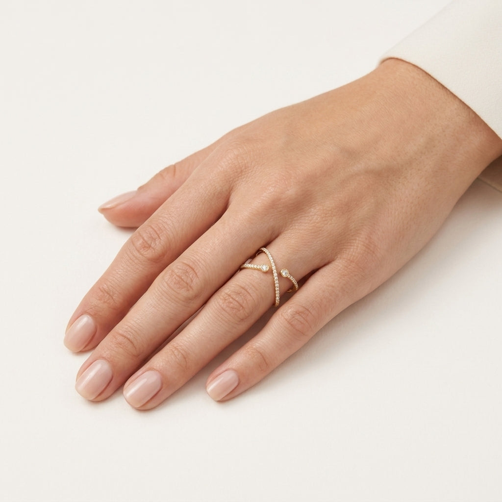 Diamond Pave Crossover Ring worn by model - Vicenza Miami