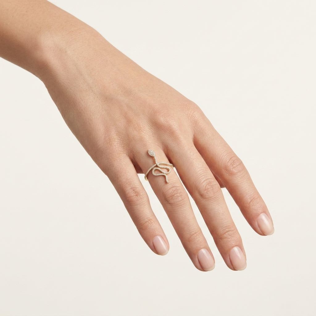 Diamond Pave Snake Wrap Ring worn by model - Vicenza Miami