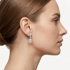 Petite Baguette Diamond Pave Halo Drop Earrings worn by model - Vicenza Miami