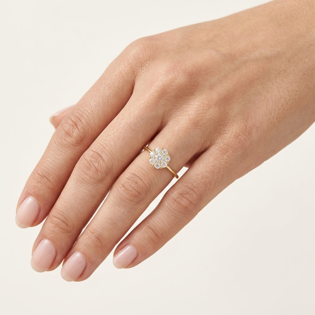 Noble Diamond Ring Yellow Gold Diamond worn by model - Vicenza Miami
