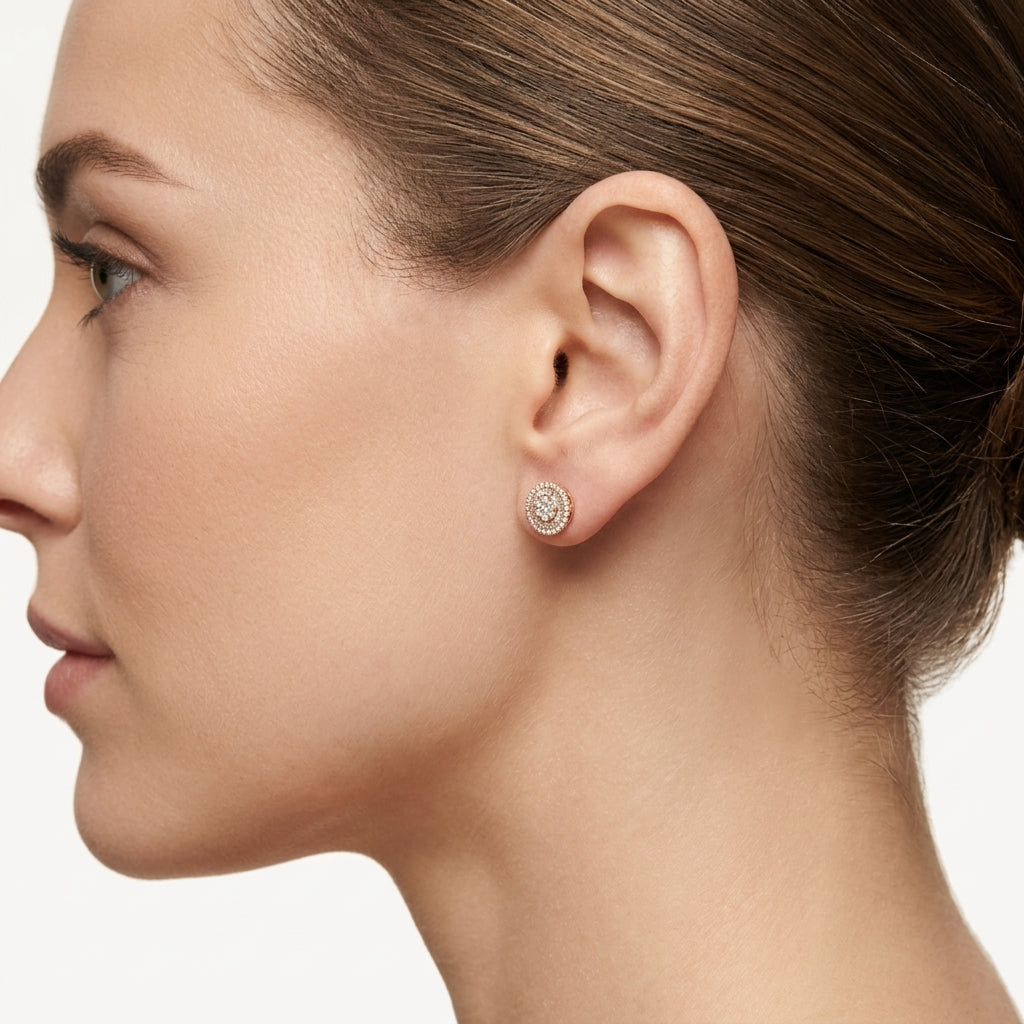 Tanzanite Double Halo Earring worn by model - Vicenza Miami