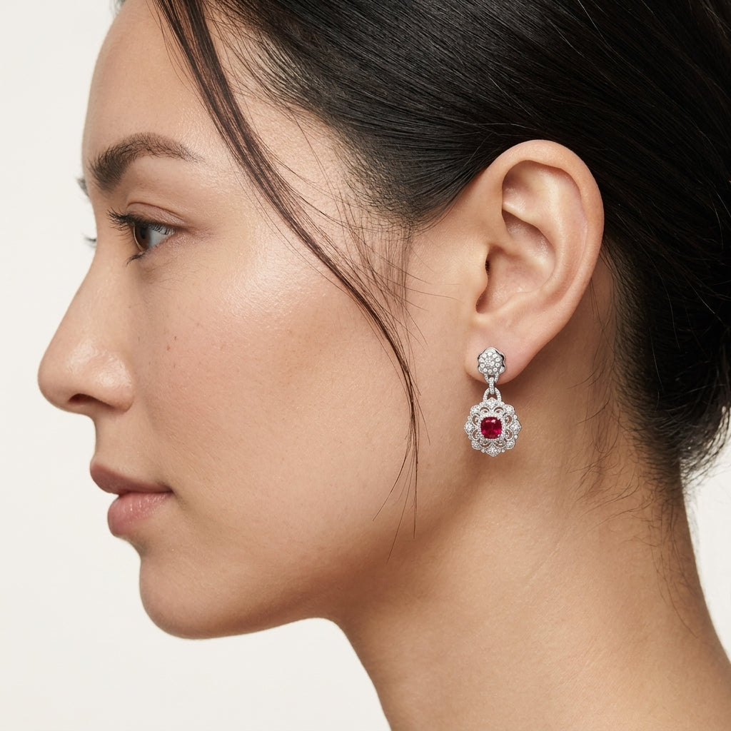 Ruby Diamond Ornate Chandelier Drop Earrings worn by model - Vicenza Miami