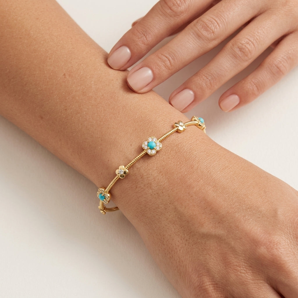 Turquoise Diamond Flower Station Hinged Bangle worn by model - Vicenza Miami