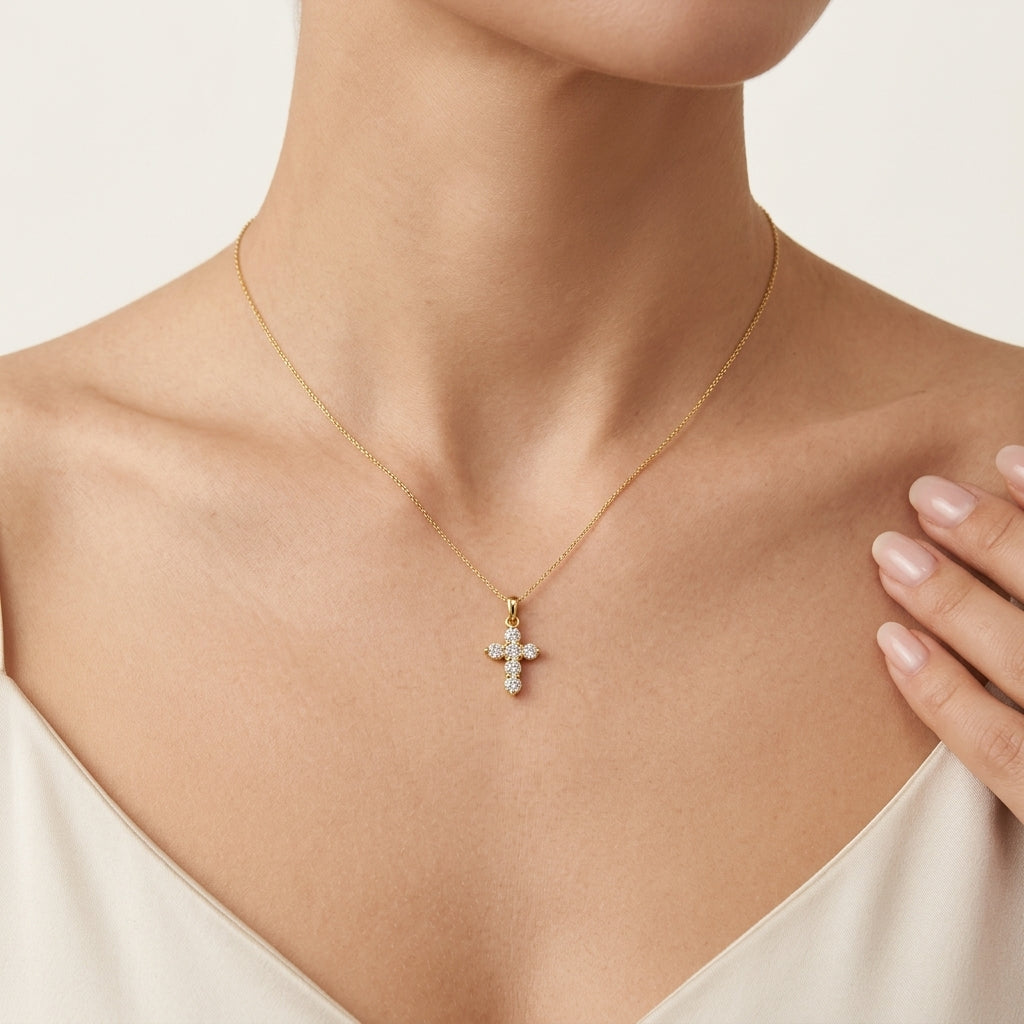 Cross Diamond Cluster Pendant worn by model - Vicenza Miami