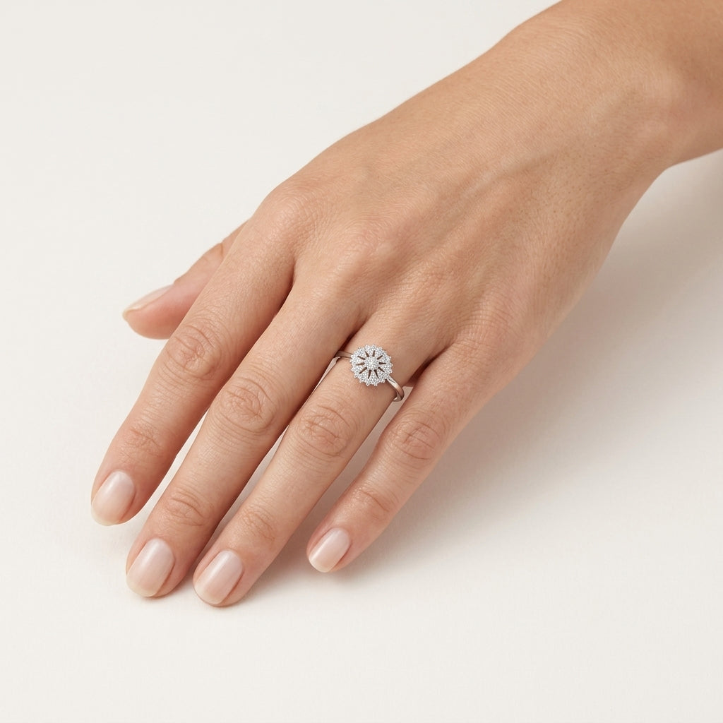 Prestige Diamond Ring White Gold Diamond worn by model - Vicenza Miami