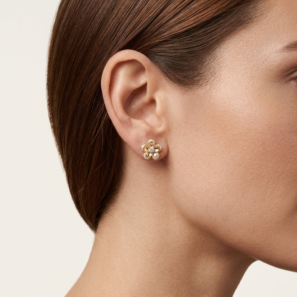 Diamond Flower Stud Earrings worn by model - Vicenza Miami