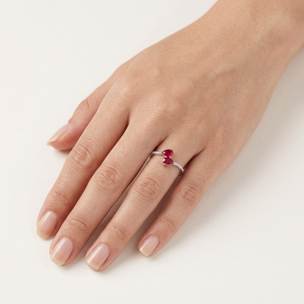 Pear Shaped Ruby Diamond Bypass Ring worn by model - Vicenza Miami