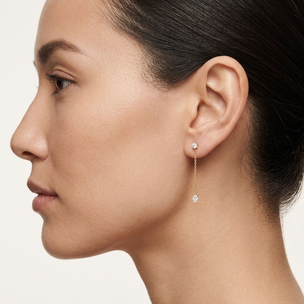 Pear Shaped Diamond Chain Drop Earrings worn by model - Vicenza Miami