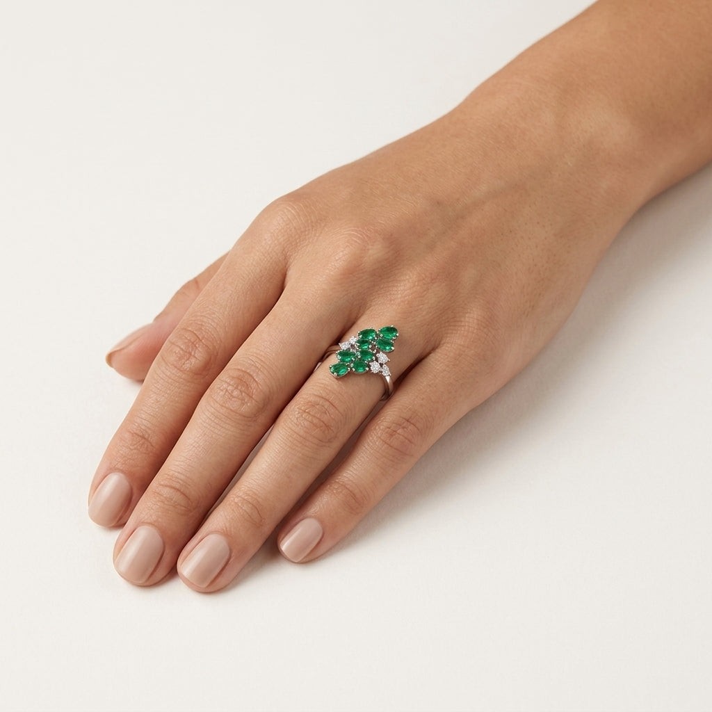 Exquisite Emerald & Diamond Ring worn by model - Vicenza Miami