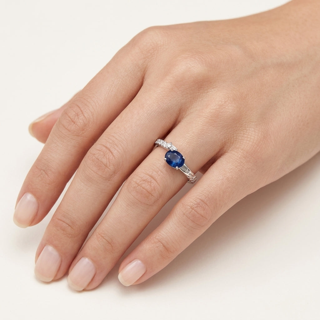 Lavish Diamond Ring White Gold Sapphire worn by model - Vicenza Miami