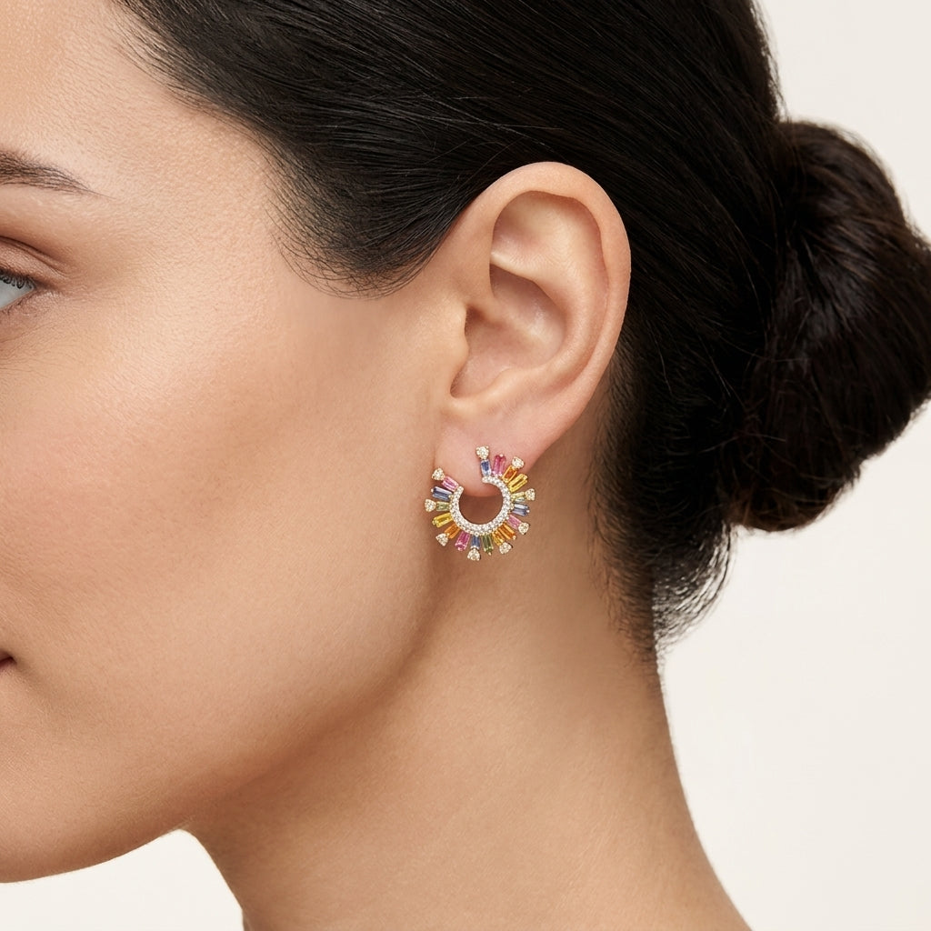 Prismatic Sapphire Fan Earring worn by model - Vicenza Miami