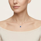 Blue Sapphire Diamond Flower Cluster Pendant worn by model - Vicenza Miami