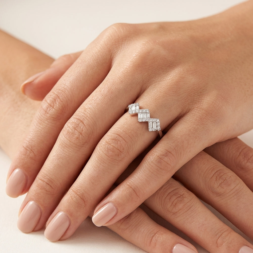 Refined Diamond Ring White Gold Diamond I worn by model - Vicenza Miami
