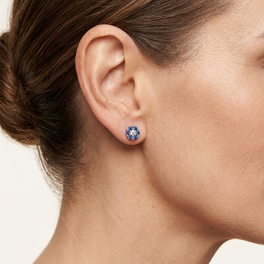 Classic Blue Sapphire & Diamond Earring worn by model - Vicenza Miami