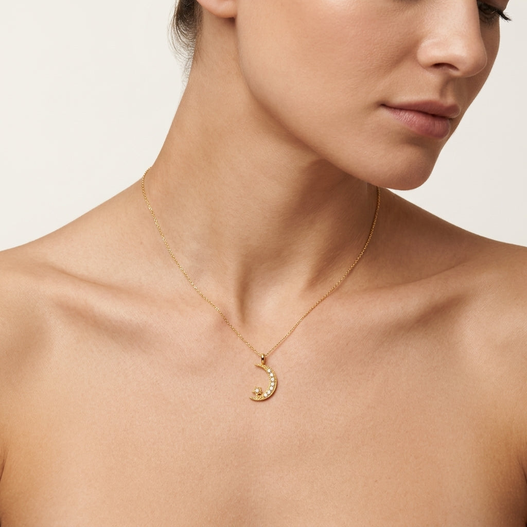 Moon Star Diamond Pendant worn by model - Vicenza Miami