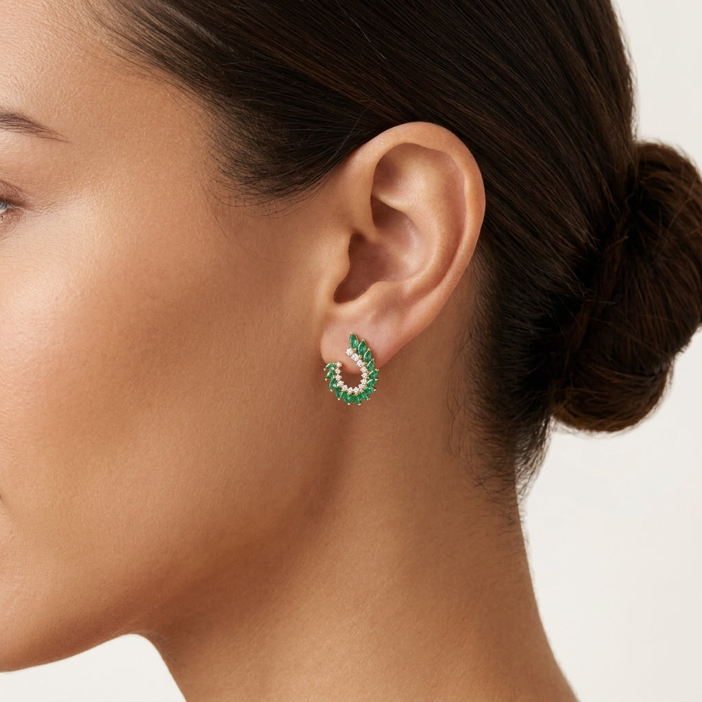Emerald Marquise Diamond Wreath Hoop Earrings worn by model - Vicenza Miami