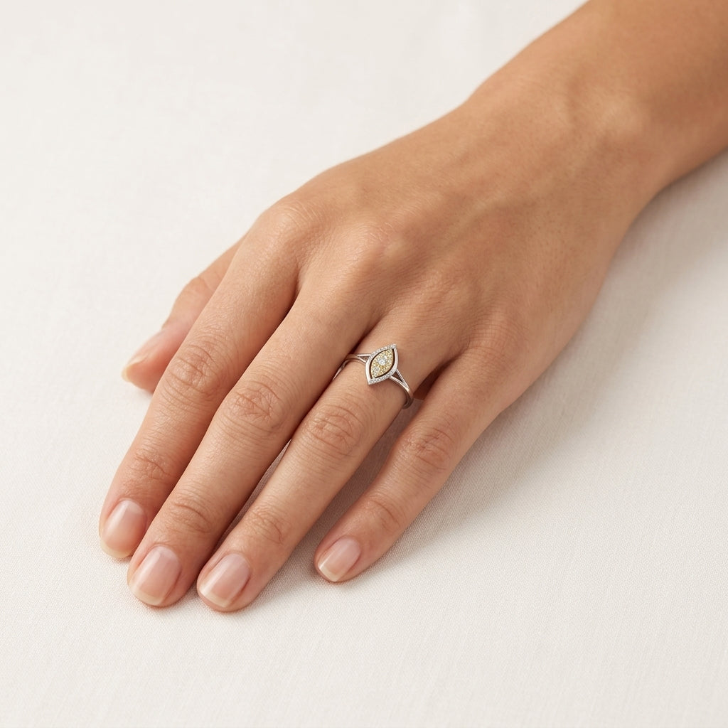Classic Diamond Ring Yellow Gold Diamond worn by model - Vicenza Miami
